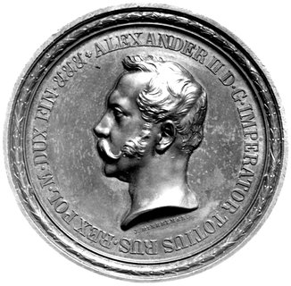 medal autorstwa Minheymera wybity w 1857 r. z okazji otwarcia Akademii Medyczno-Chirurgicznej w Warszawie, Aw: Po- piersie Aleksandra II w lewo i pod nim J. MINHEYMER