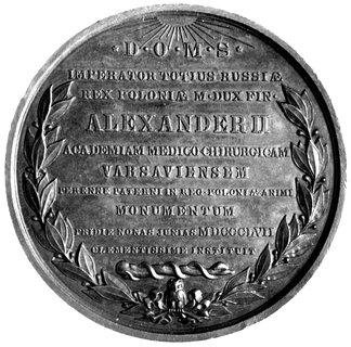 medal autorstwa Minheymera wybity w 1857 r. z okazji otwarcia Akademii Medyczno-Chirurgicznej w Warszawie, Aw: Po- piersie Aleksandra II w lewo i pod nim J. MINHEYMER