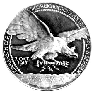 medal gen. von Gallwitza 1915 r., Aw: Popiersie generała trzy czwarte w prawo i napis: GENERAL V. GALLWITZ, sygn. A.H. Nuernberg, Rw: Orzeł w locie w prawo z wiązką piorunów w szponach
