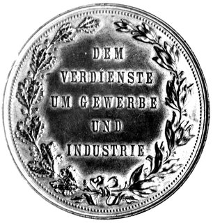 medal Wystawy Śląskiego Rzemiosła w Bielsku 1890 r., Aw: Tarcza herbowa podtrzymywana przez dwie postacie kobiece i napis: SCHLESISCHE GEWERBE AUSSTELLUNG, w odcinku BIELITZ 1890, Rw: W wieńcu z liści dębowych i lauro- wych: DEM VERDIENSTE UM GEWERBE UND INDUSTRIE, brąz złocony 60 mm, 79.90 g.
