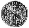 trojak 1588, Poznań, znak mincerza - haki z lewej strony a skrócona data z prawej strony herbu Prz..