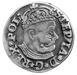 trojak 1580, Olkusz, rzadka odmiana z herbem Batorych rozdzielającym datę, Kurp. 101 R4, Gum. 692, T. 15, zanitowana dziurka.