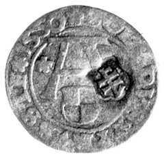 szeląg pruski Albrechta z kontrasygnatą gdańską odbitą podczas oblężenia miasta przez wojska króla Stefana Batorego w 1577 roku, Marian Gumowski Mennica Gdańska poz. 944, Bahr. 8113.