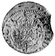 szeląg 1617, Wilno, data 16-17, tarcze herbowe wygięte, Kurp. -, Sajauskas 1383 R3, rzadka moneta.
