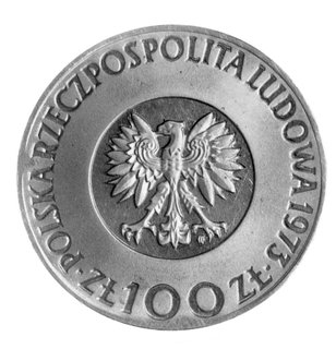 100 złotych 1973, Mikołaj Kopernik, Parchimowicz P-352 e, wybite odwróconym stemplem, nakład nieznany, aluminium, waga 4,12g, prawdopodobnie unikat, piękny stan zachowania.
