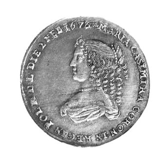 medalik koronacyjny Marii Kazimiery 1676 r, Aw: Popiersie królowej w lewo i napis: MARIA CASIMIRA CORONA.. Rw: Półnaga Diana w powozie ciągniętym przez dwa jelenie