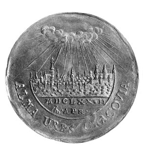 medal Jana III Sobieskiego 1677 r., Aw: Popiersie w todze i wieńcu laurowym w prawo i napis: IOANNES III D G REX POL M D LIT RUS PR.., Rw: Widok Krakowa w półokręgu