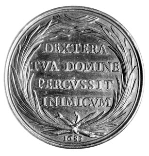 medal autorstwa Hameraniego z okazji zwycięstwa odniesionego pod Wiedniem przez Jana III Sobieskiego w 1683 r., Aw: Popiersie papieża w prawo w tiarze na głowie i napis: INNOCEN-XII PONT MAX, poniżej HAMERANUS F., Rw: Napis poziomy w wieńcu: DEXTERA TVA DOMINE PERCVSSIT INIMICVM, H-Cz.7728, brąz 48 mm, 56.90 g piękna patyna