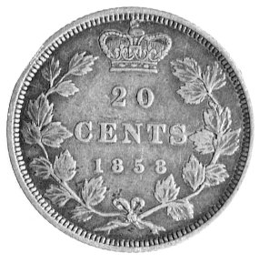 20 centów 1858, Aw: Głowa królowej Wiktorii, Rw: Nominał, nominał 20 centów emitowany tylko w jednym roku, bardzo rzadkie.
