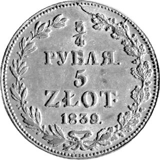 3/4 rubla = 5 złotych 1839, Warszawa, Plage 363, lekko czyszczone tło