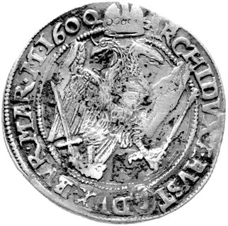 Rudolf 1576-1612 - talar 1600, Kuttenberg, Aw: Popiersie, poniżej czeski lewek, Rw: Orzeł dwugłowy, w otoku napis przedzielony znakiem menniczym, Dav. 8079, Voglhuber 101