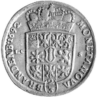 gulden 1692, Berlin, Aw: Popiersie, Rw: Wielopolowa tarcza herbowa, literki LC-S, Schr. 105