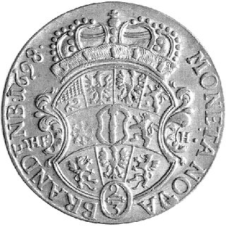 gulden 1698, Magdeburg, Aw: Popiersie, Rw: Wielopolowa tarcza herbowa, literki HF-H, Schr. 189
