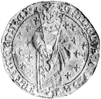 Karol VII 1422- 1461, royal d' or, Aw: Król stojący na wprost i napis w otoku: KAROLVS DEI GRA FRANCORV REX, Krzyż liściasty w rozecie i napis w otoku: XPC VINCIT..., Fr.303, Duplessy 455, złoto 3.88 g.