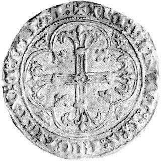 Karol VII 1422- 1461, royal d' or, Aw: Król stojący na wprost i napis w otoku: KAROLVS DEI GRA FRANCORV REX, Krzyż liściasty w rozecie i napis w otoku: XPC VINCIT..., Fr.303, Duplessy 455, złoto 3.88 g.