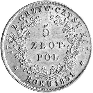 5 złotych 1831, Warszawa, trzeci egzemplarz, patyna.