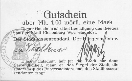 Prabuty (Riesenburg)- 1 marka b.r. (1914), Keller 315, Schoenawa 2, rzadkie