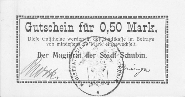 Szubin- 0.50 marki b.r. (1914), emitowane przez Magistrat, Keller 366, Schoenawa 1
