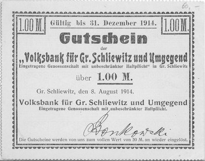 Śliwice (Gross-Schliewitz)- 1 i 2 marki 8.08.1914- 31.12.1914, Keller 134, Schoenawa 2, 3, rzadkie, razem 2 sztuki
