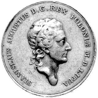 medal nagrodowy autorstwa Holzhaeussera MERENTIBUS, Aw: Głowa Stanisława Augusta w prawo i napis: STANIS- LAUS AUGUSTUS D.G. REX POLONIAE, pod głową litery I.P.H., Rw: Trzy splecione wieńce i napis u góry: MEREN- TIBUS, H-Cz.3383 R2, Więcek 9, brąz 40 mm, 25.00 g.