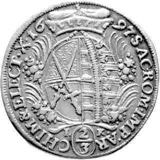 2/3 talara (gulden) 1697, Drezno, Aw: Popiersie, w otoku napis, Rw: Tarcza herbowa, w otoku napis, Dac. 817.