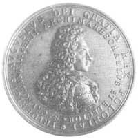 medal koronacyjny Augusta II 1697 (miedź), Aw: Popiersie i napis, sygn. C.W. (Christian Wermuth), ..