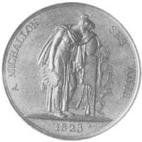 medal miedziany 1823, Aw: Popiersie i napis, sygn. N. P. Tiolier F., Rw: Postać kobieca i napis, s..