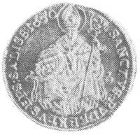 dukat 1650, Salzburg, Aw: Siedząca postać św. Ru