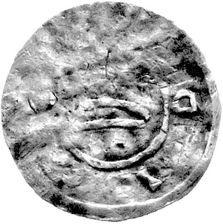 denar, Aw: Kapliczka lub korona z pałąkami, napis w otoku: (M)IDI(CO), Rw: Krzyż krokwiasty i na zew- nętrznym pierścieniu cztery krzyżyki, Suchodolski WN R.XI 40-41, typ II.3, 1,59 g., moneta pochodzi praw- dopodobnie ze skarbu ze Stryjewa Wielkiego (dawne woj. ciechanowskie), opisana w BN 7-9, 1987, BN 1-3, 1988, bardzo rzadka pierwsza moneta polska, patyna