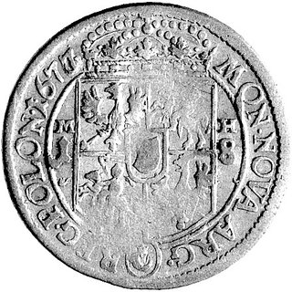 ort 1676/7, Bydgoszcz, przebitka daty na stemplu co sugeruje, że mennica bydgoska była przygotowana do bicia monet już w 1676 roku, Kurp.-, H-Cz. -, rzadki.