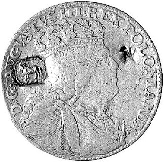 pieniądz zastępczy nieokreślonego majątku, na orcie Augusta III z 1753 roku dwie kontrmarki na awersie: Ciołek i gwiazda tylko częściowo odbita i jedna kontrmarka na rewersie - gwiazda.