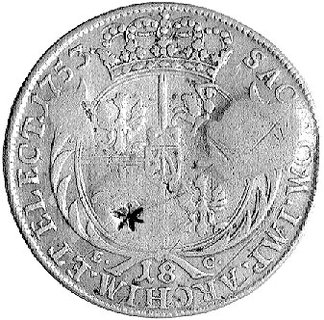 pieniądz zastępczy nieokreślonego majątku, na orcie Augusta III z 1753 roku dwie kontrmarki na awersie: Ciołek i gwiazda tylko częściowo odbita i jedna kontrmarka na rewersie - gwiazda.