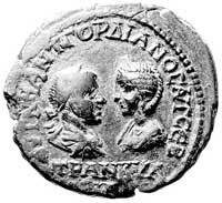 Tracja-Anchialos, AE-26, Aw: Popiersia Gordiana i Trankiliny zwrócone do siebie i napis w otoku, p..