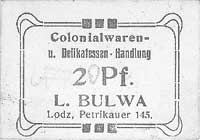 Łódź - 2, 5, 15 i 25 fenigów wydane przez firmę L. Bulwa, Jabł. 1378, 1379, 1382, 1383, razem 4 sz..