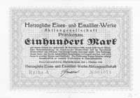 Przemków /Primkenau/ - 100 i 500 marek 1.10.1922 wydane przez Herzogliche Eisen- und Emaillier- We..
