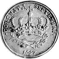 medalik koronacyjny Augusta II 1697 r., Aw: Popi