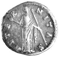 denar, Aw: Popiersie w prawo i napis DIVA FAVSTINA, Rw: Aeternitas lub Junona stojąca z głową w le..