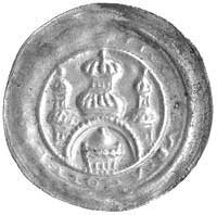 Holsztyn- Adolf III 1164- 1201, brakteat, mennica Hamburg; Łuk zwieńczony trzema wieżami, w bramie..