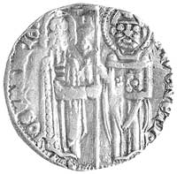 Giovani Soranzo 1312- 1328, grosz, Aw: Stojący św. Marek i doża z chorągwią i napis w otoku IO SVP..