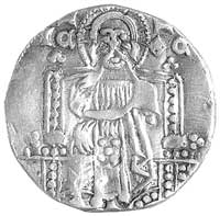 Giovani Soranzo 1312- 1328, grosz, Aw: Stojący św. Marek i doża z chorągwią i napis w otoku IO SVP..