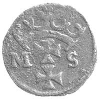 denar bez daty, Gdańsk, po bokach herbu litery M-S, Kurp. 395 R3, Gum. 542, T. 18, bardzo rzadki