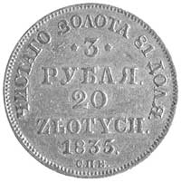 3 ruble = 20 złotych 1835, Petersburg, Plage 301, Fr. 111, złoto, 3.91 g