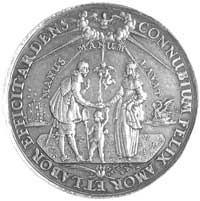 medal zaślubinowy autorstwa Jana Höhna jun., Aw: Mężczyzna i kobieta podają sobie ręce, u góry Duc..