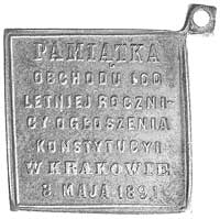 medalik czworokątny na obchody stulecia Konstytucji 3 Maja w Krakowie 1891 r., Aw: Trójka wpisana ..
