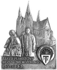 plakieta zjazdu PTK w 1932 r. autorstwa medaliera łódzkiego Alfreda Dytbernera; Na tle katedry w Ł..