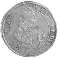 guldentalar 1574, Aw: Głowa kruka, w polu data, Rw: Półpostać cesarza, w otoku napis przedzielony ..