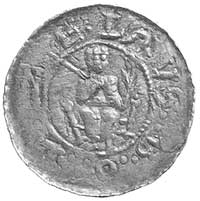 denar, Aw: Książę siedzący na tronie z mieczem i podniesioną drugą ręką, napis w otoku BOLZELAVS, ..