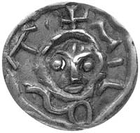brakteat; Głowa na wprost i napis w otoku MILOST, 0.58 g, ciekawe fałszerstwo monety opisanej popr..