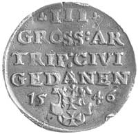 trojak 1546, Gdańsk, Kurp. 525 R3, Gum. 573, T. 8, lekko pogięty krążek, rzadka moneta ze starą pa..