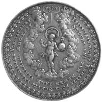 medal religijny autorstwa Sebastiana Dadlera 1635 r., Aw: W wieńcu z obłoków Dziecię Jezus z jabłk..